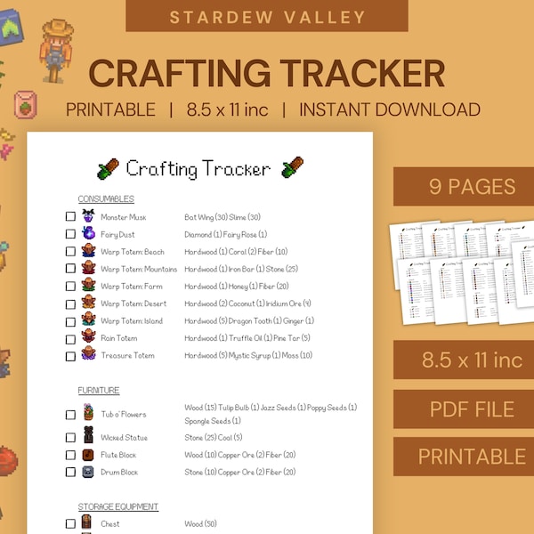 Stardew Valley Crafting Tracker Printable PDF - Keep Your Crafting Organized! Crafting Collection Craft Checklist Stardew Valley Planner