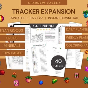 Może przedstawiać: Cyfrowy, drukowany Stardew Valley Tracker Expansion z 40 stronami. Projekt zawiera sekcje dla produktów rzemieślniczych, upraw, minerałów i wskazówek. Dokument ma wymiary 21,6 x 27,9 cm i jest dostępny do natychmiastowego pobrania.