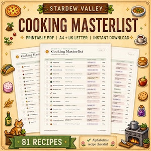 以下が含まれることがあります： Stardew Valleyの料理マスターリストの印刷可能なトラッカーで、ピクセルアートのレシピチェックリストが3ページ分含まれています。ドキュメントにはレシピ名、材料、入手先、売値の列があり、周囲には様々なピクセル化された食べ物のアイコンが配置されています。