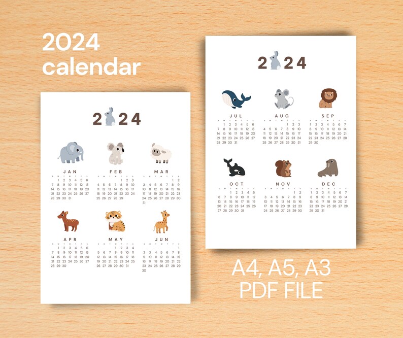 Printable Animals 2024 Calendar for Kids Digital Download and Printable