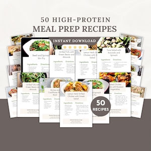 Könnte beinhalten: Eine Collage aus 50 Rezepten für die Zubereitung von Mahlzeiten mit Bildern der fertigen Gerichte und Zutaten. Die Rezepte sind in Kategorien wie "Rindfleisch und Spinat-Pfanne", "Gegrillter Tofu mit grünen Bohnen und Mandeln", "Gegrilltes Hähnchen mit Zitronenkräutern und griechischem Salat" und "Thunfischsalat mit Avocado und Spinat" unterteilt.