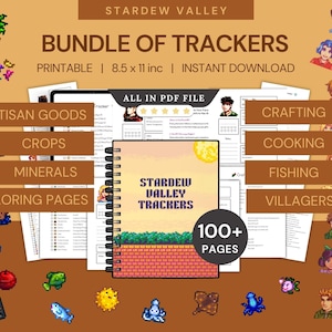 May include: A digital download bundle of Stardew Valley trackers. The cover of the spiral-bound notebook features the game's title and a pixelated landscape. The bundle includes over 100 pages of printable trackers for artisan goods, crops, minerals, and more. The size is 8.5 x 11 inches.