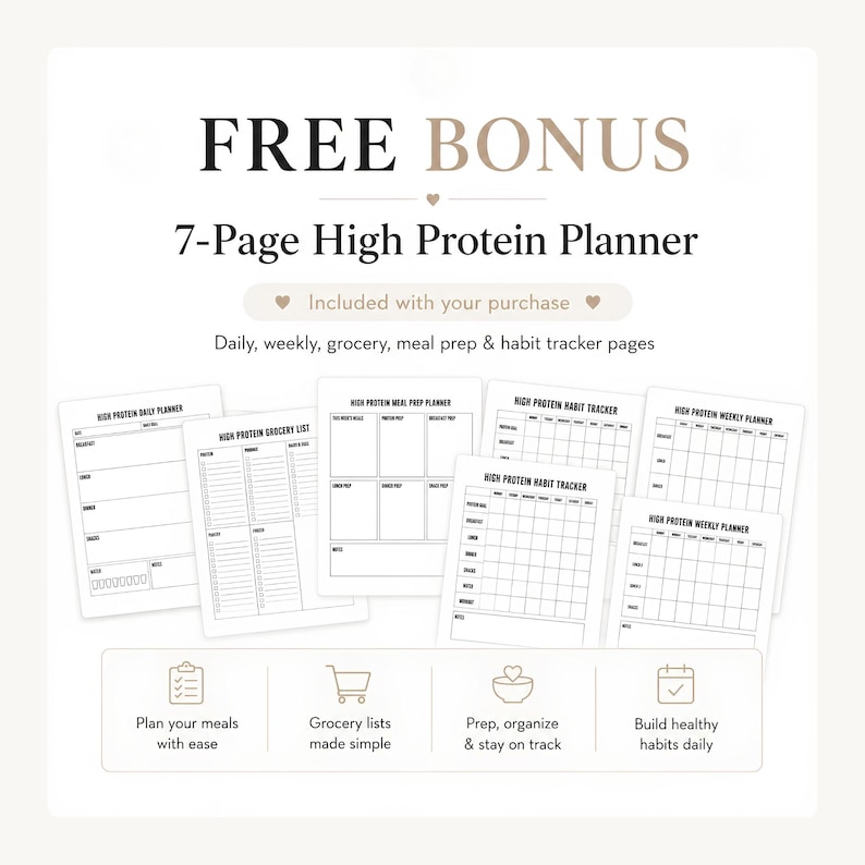 low carb high protein food list printable, keto protein foods chart, high protein low carb diet PDF, low carb food list, keto food list printable, protein food chart, high protein foods, protein rich foods, keto diet food guide, low carb grocery list, meal prep printable, lean meats, seafood, eggs, dairy, chicken, turkey, salmon, tuna, beef, shrimp, Greek yogurt, cottage cheese, tofu, nuts, seeds, A4 US Letter, instant download, free high protein planner bonus
