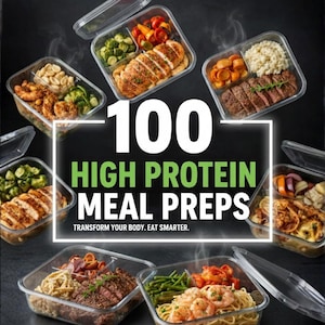 Op de afbeelding: Een afbeelding met meerdere transparante maaltijdbereidingscontainers, elk gevuld met een andere eiwitrijke maaltijd. De containers omringen de tekst "100 HIGH PROTEIN MEAL PREPS". Maaltijden zijn onder meer kip, biefstuk, garnalen, groenten en rijst.