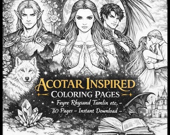 Livro de colorir inspirado em ACOTAR | Arte de Feyre, Rhys e Cassian (Download digital)