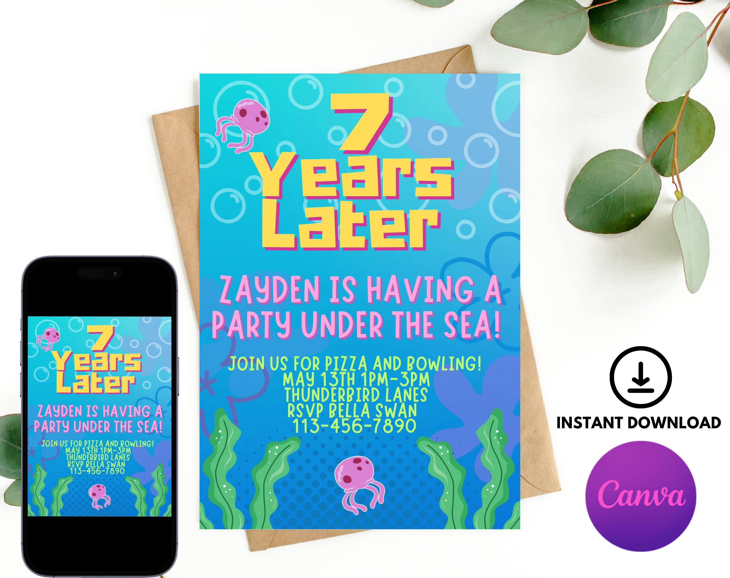 Editable Spongebob Birthday Invitation Template DIY Digital Sponge Party Invitation Canva Template Digital Kids Invite