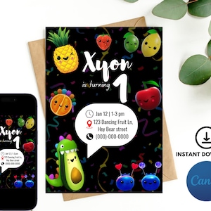 Hey Bear Sensory Invitation,  Dancing Fruit Birthday Invitation, Hey Bear Invite, Editable Canva Template