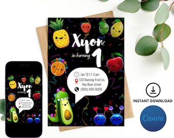 May include: A black and colorful birthday invitation for a child turning one year old. The invitation features a cartoon pineapple, avocado, strawberry, apple, and other fruits with faces. The text on the invitation reads "Xyon is turning 1".