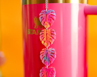 Tropical Monstera Stanley Straw Charm: Rainbow Acrylic Tumbler Dangle