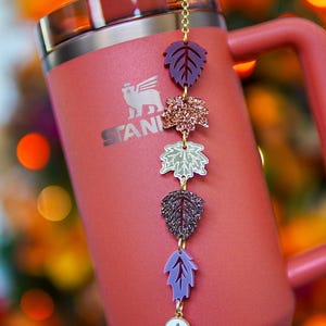 May include: A red stainless steel tumbler with a gold chain and five fall-themed leaf charms. The charms are purple, green, gold, and burgundy. The tumbler has the word "STANLEY" printed on the side. The charm at the bottom of the chain has the letter "A" on it.