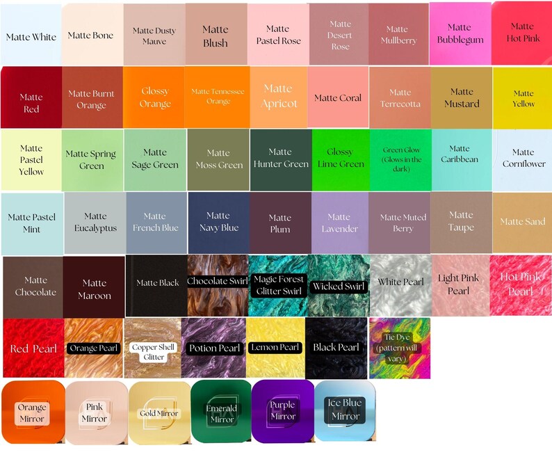 Puede incluir: Una carta de colores con 48 colores de pintura diferentes. Los colores est&aacute;n dispuestos en filas y columnas. Los colores incluyen blanco, negro, rojo, naranja, amarillo, verde, azul, morado, rosa, marr&oacute;n y gris. Los colores est&aacute;n etiquetados con sus nombres.