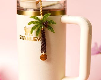Palm Tree Stanley Straw Charm: Glitter Coconuts, Personalized Accessory