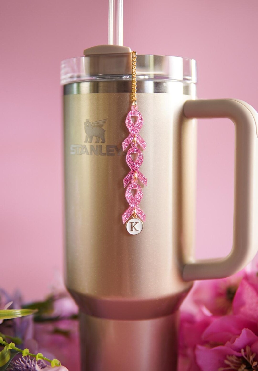 Pink Glitter Ribbon Charm: Breast Cancer Awareness Stanley Straw Topper ...