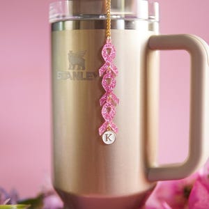 Pink Glitter Ribbon Charm: Breast Cancer Awareness Stanley Straw Topper ...