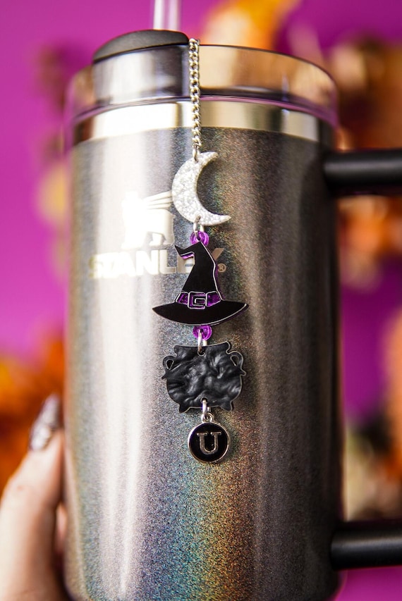 Witch Hat Tumbler Straw Charm: Glitter Moon, Cauldron - Halloween Tumbler Accessory, custom engrave