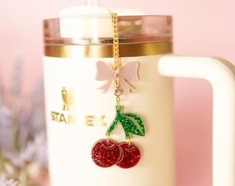Cherry Bow Stanley Charm: Glitter Fruit Straw Topper