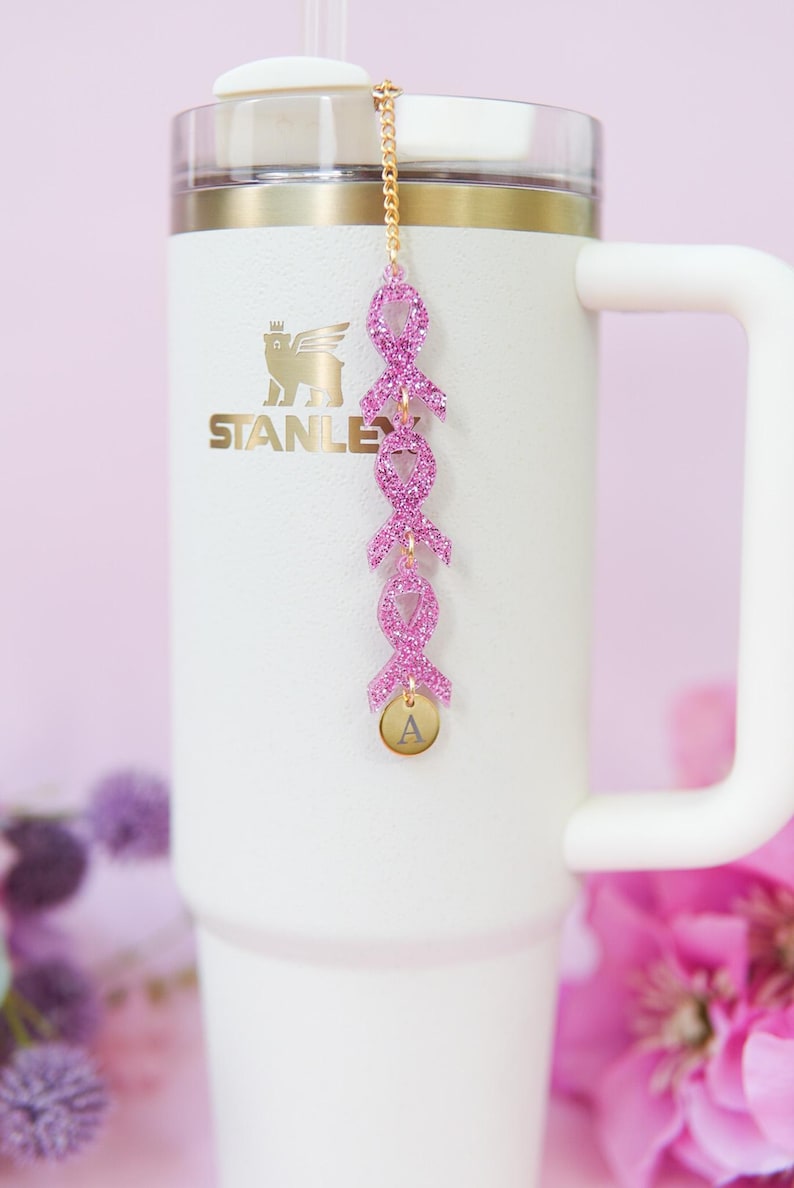 Pink Glitter Ribbon Charm: Breast Cancer Awareness Stanley Straw Topper ...