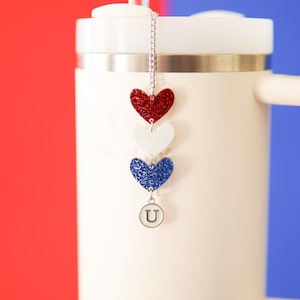 Americana Glitter Hearts Stanley Charm: Patriotic Tumbler Accessory