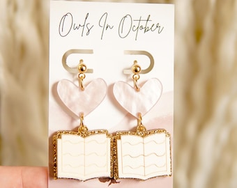 Book Earrings: Pink Heart, Glitter Acrylic, Hypoallergenic