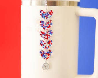 Long 4th of July Stanley Charm: Iridescent Hearts Tumbler Accessory, Personalized Charm