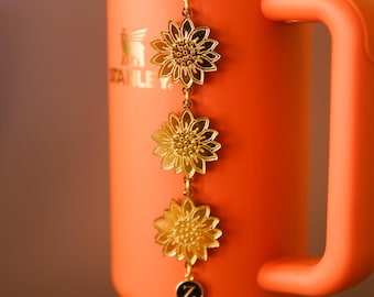 Sunflower Stanley Straw Charm: Gold Acrylic Tumbler Dangle, Custom Engrave