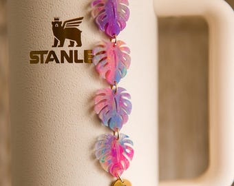 Tropical Monstera Stanley Straw Charm: Rainbow Acrylic Tumbler Dangle