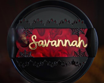 Bordeaux Lace Tumbler Name Plate: Personalized Halloween Name Accessory, Gothic Name Plate