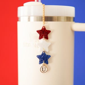 Patriotic Star Stanley Charm: Red, White, and Blue Glitter Tumbler Accessory