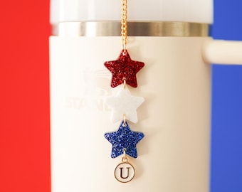 Short Patriotic Star Tumbler Charm: Red, White, and Blue Glitter Tumbler Accessory