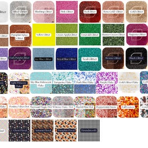 Puede incluir: Una tabla con 48 dise&ntilde;os diferentes de purpurina y patrones para manualidades. La tabla incluye colores de purpurina como blanco, plateado, rosa, rojo, verde, azul, morado, dorado y negro. La tabla tambi&eacute;n incluye patrones como cuadros, flores y lunares.