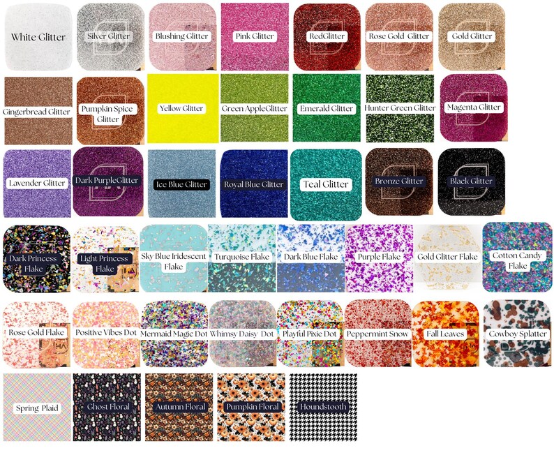 Puede incluir: Una tabla con 48 dise&ntilde;os diferentes de purpurina y patrones para manualidades. La tabla incluye colores de purpurina como blanco, plateado, rosa, rojo, verde, azul, morado, dorado y negro. La tabla tambi&eacute;n incluye patrones como cuadros, flores y lunares.