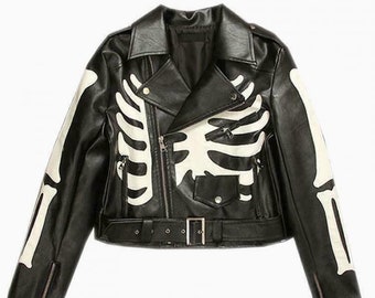 Zwart skeletleren bikerjack voor dames - nieuwe collectie