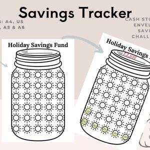 May include: Black and white printable holiday savings tracker with a mason jar design. The tracker has a goal of $2,500 and includes a money bag illustration.
