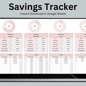 May include: A laptop screen displaying a pink and white Google Sheet template for a savings tracker. The sheet is divided into four sections, each with a different savings goal: Christmas, Holiday 2024, New Car, and Wedding. Each section includes a pie chart showing the percentage saved, a table with details about the goal, and a tracker table to log savings progress.