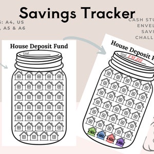 May include: Black and white printable house deposit fund savings tracker with a jar filled with houses and a goal of $30,000. The tracker is designed for the cash stuffing/envelope saving challenge.