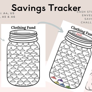 May include: Printable black and white savings tracker with a mason jar design. The jar is filled with hangers and has a label that says "Clothing Fund". The goal is written as "£500".