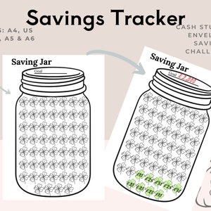 Könnte beinhalten: Ein druckbarer schwarz-weißer Spar-Tracker mit einem Glasdesign. Das Glas ist mit Kleeblattformen gefüllt. Der Text "Saving Jar" befindet sich oben auf dem Glas. Der Text "Goal" steht über einer leeren Zeile. Der Text "CASH STUFFING/ ENVELOPE SAVING CHALLENGE" befindet sich oben rechts im Bild.