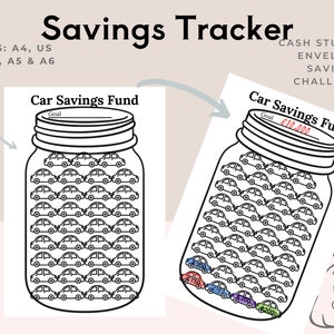 Puede incluir: Un rastreador de ahorros imprimible en blanco y negro con un frasco lleno de coches. El frasco tiene una etiqueta que dice "Car Savings Fund" y un espacio para un monto de objetivo. El rastreador está diseñado para el desafío de ahorro en efectivo/sobre.