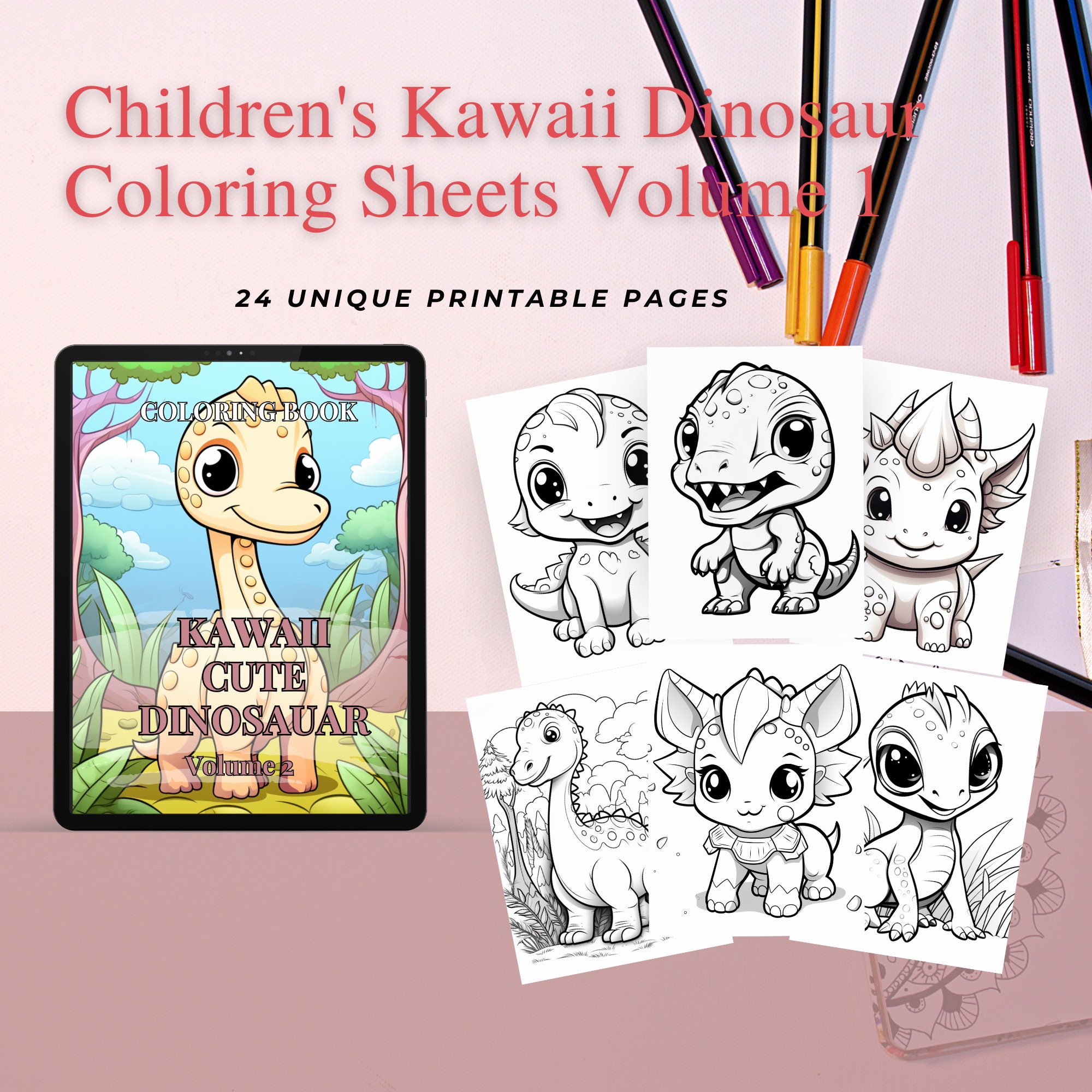 Kawaii Cute Dinosaur Children's Coloring Book Pages Volume 2 Immersive ...