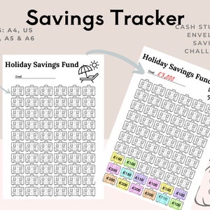 May include: Printable holiday savings tracker with a suitcase design. The tracker has a goal section and a grid of suitcases to track savings. The tracker is available in four sizes: A4, US Letter, A5, and A6.