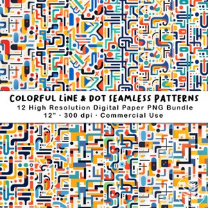 Abstract Geometric Seamless Patterns, PNG Bundle, Digital Paper, Scrapbook, Paper Crafts, Junk Journal, Bauhaus, Primary Line & Dot, Pop Art