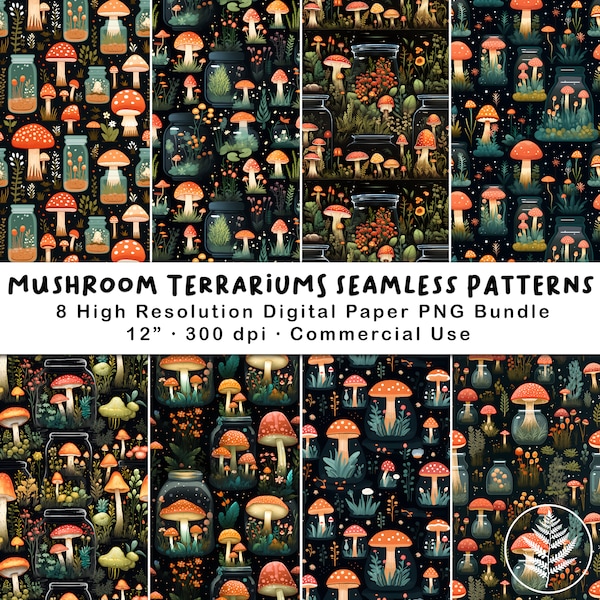 Mushroom Terrariums Seamless Patterns, PNG Bundle, Digital Paper, Scrapbook, Paper Crafts, Junk Journal, Botanicals, Woodland Fungi, Vintage