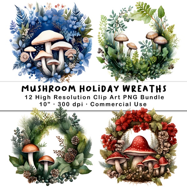 Mushroom Holiday Wreaths Clip Art, PNG Bundle, Printable Image, Digital Download, Scrapbook, Paper Crafts, Bullet Journal, Christmas Fungi