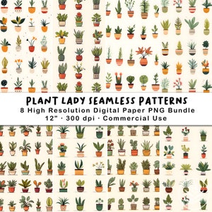 Plant Lady Houseplants Seamless Patterns, PNG Bundle, Digital Paper, Scrapbook, Paper Crafts, Junk Journal, Potted Plants, Succulents