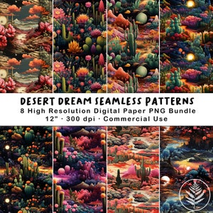 Desert Dream Seamless Patterns, PNG Bundle, Digital Paper, Printable Images, Scrapbook, Junk Journal, Cactus Succulent Landscape Wallpaper