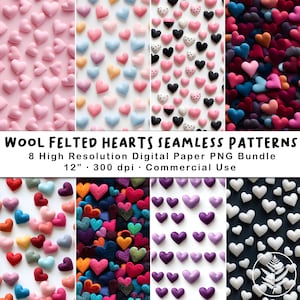 Wool Felted Hearts Seamless Patterns, PNG Bundle, Digital Paper, Scrapbook, Paper Crafts, Junk Journal, Pastel, Valentine's Day, Love