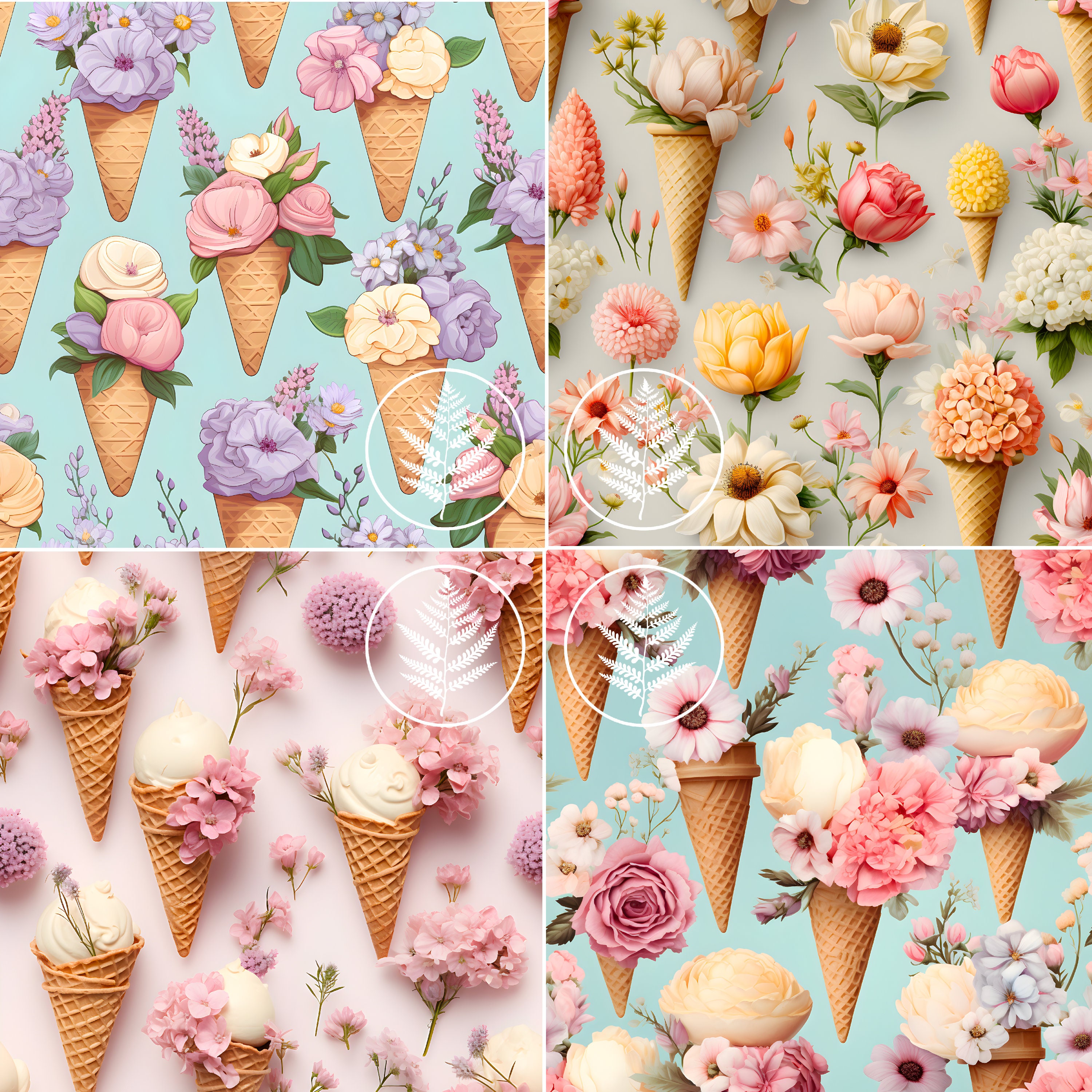 Scoops & Blooms Seamless Patterns, PNG Bundle, Digital Paper, Scrapbook
