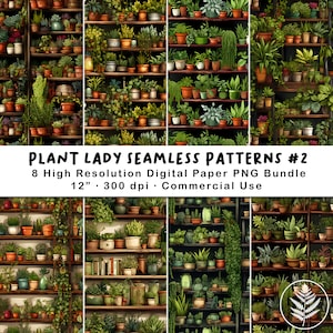 Plant Lady Houseplants Seamless Patterns #2, PNG Bundle, Digital Paper, Scrapbook, Paper Crafts, Junk Journal, Potted Plants, Succulents