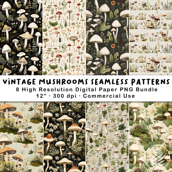 Vintage Mushrooms Seamless Patterns, PNG Bundle, Digital Paper, Printable Images, Scrapbook, Paper Crafts, Junk Journal, Botanical Wallpaper