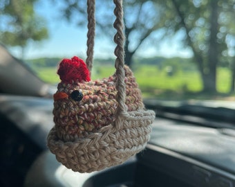 Crochet Chicken on a swing car mirror hanger, rearview mirror hanger chicken, unique gifts, farm decor, car accessories